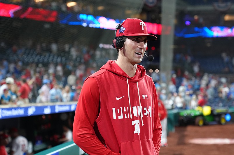 Mar 31, 2026; Philadelphia, Pennsylvania, USA; Philadelphia Phillies starting pitcher Andrew Painter (24) responds to interview questions after the game against the Washington Nationals at Citizens Bank Park. Mandatory Credit: Kyle Ross-Imagn Images