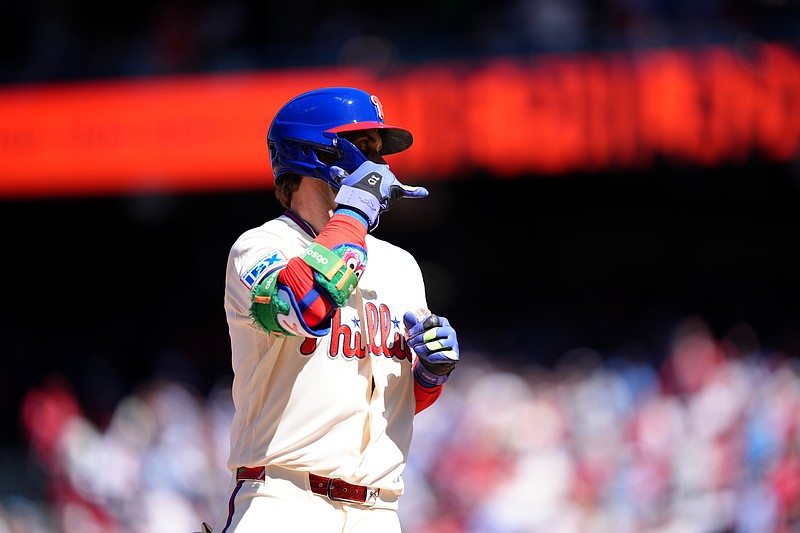 Apr 11, 2026; Philadelphia, Pennsylvania, USA; Philadelphia Phillies infielder Bryce Harper (3) rounds the bases after hitting a home run against the Arizona Diamondbacks in the third inning at Citizens Bank Park. Mandatory Credit: Kyle Ross-Imagn Images