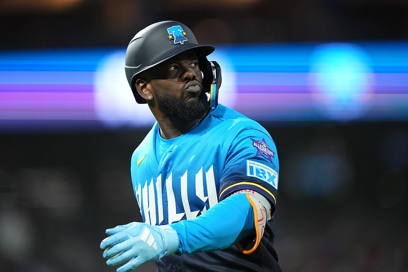 Apr 10, 2026; Philadelphia, Pennsylvania, USA; Philadelphia Phillies outfielder Adolis Garcia (53) reacts after flying out against the Arizona Diamondbacks in the sixth inning at Citizens Bank Park. Mandatory Credit: Kyle Ross-Imagn Images