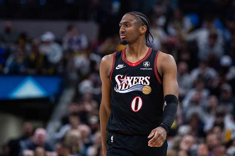 Apr 10, 2026; Indianapolis, Indiana, USA; Philadelphia 76ers guard Tyrese Maxey (0)  in the second half against the Indiana Pacers at Gainbridge Fieldhouse. Mandatory Credit: Trevor Ruszkowski-Imagn Images