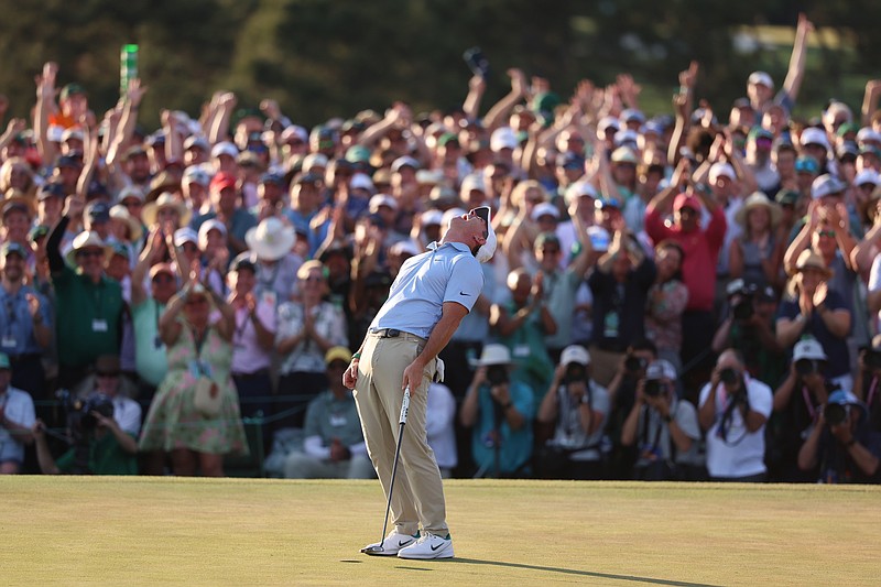 Apr 12, 2026; Augusta, Georgia, USA; Rory McIlroy celebrates after winning the Masters Tournament at Augusta National Golf Club.  Mandatory Credit: Bill Streicher-Imagn Images
