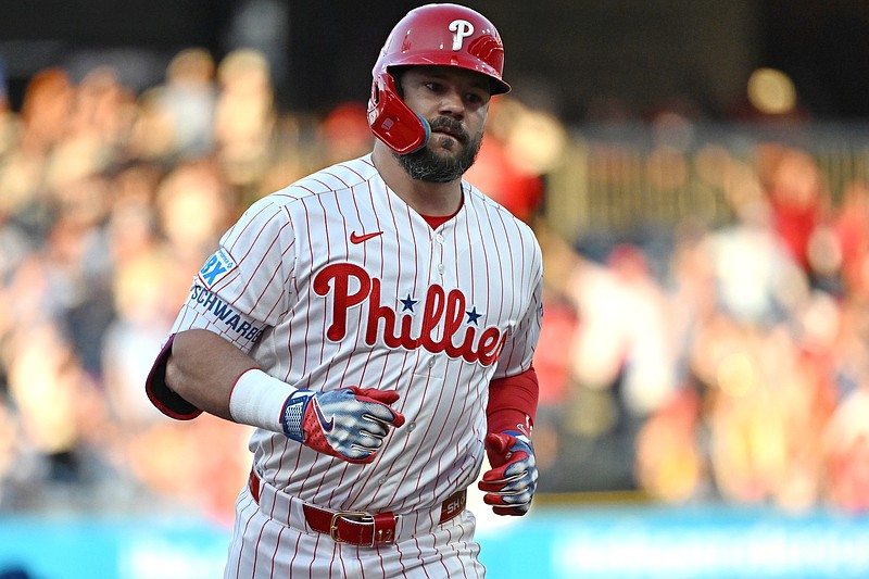 Apr 13, 2026; Philadelphia, Pennsylvania, USA; Philadelphia Phillies left fielder Kyle Schwarber (12) runs the bases after hitting a home run against the Chicago Cubs during the first inning at Citizens Bank Park. Mandatory Credit: Eric Hartline-Imagn Images