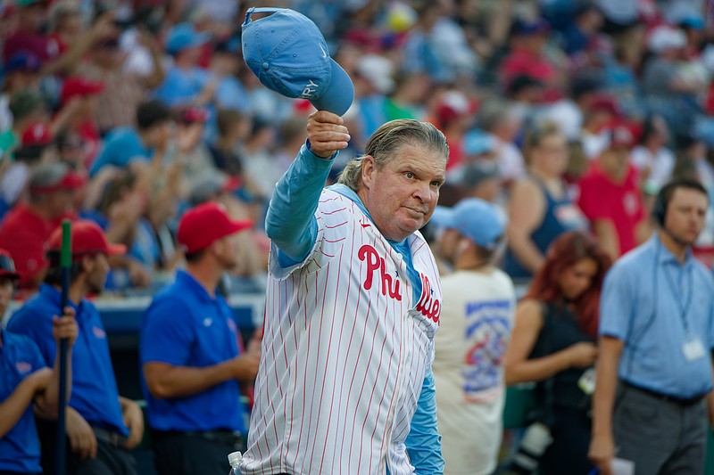 Aug 3, 2025; Philadelphia, Pennsylvania, USA; Phillies Wall of Famer John Kruk salutes the crowd during Toyota Phillies Alumni Night at Citizens Bank Park. (Grace Del Pizzo/On Pattison)
