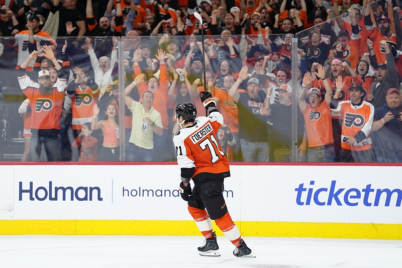 Apr 13, 2026; Philadelphia, Pennsylvania, USA; Philadelphia Flyers right wing Tyson Foerster (71) reacts after scoring a shootout goal against the Carolina Hurricanes in overtime at Xfinity Mobile Arena. Mandatory Credit: Kyle Ross-Imagn Images