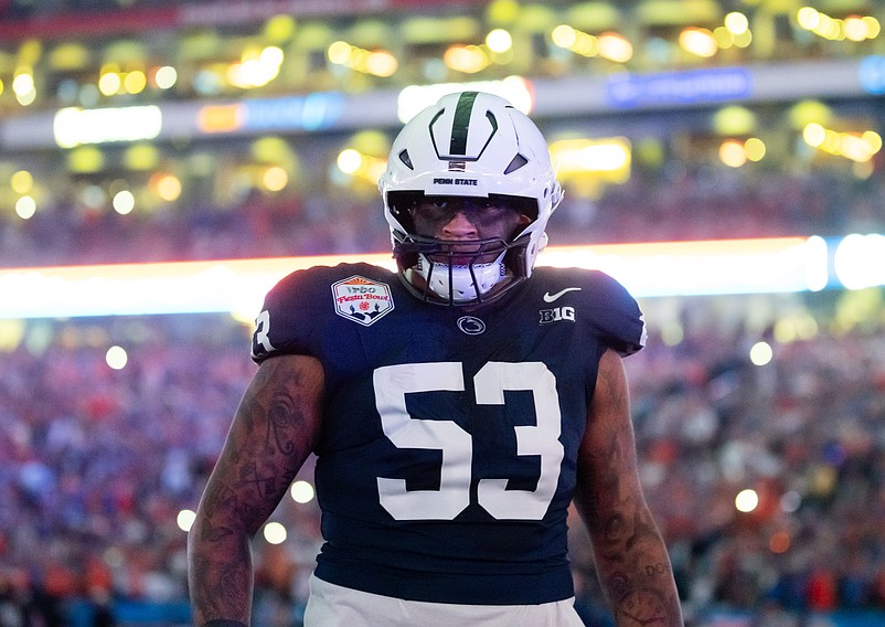 Dec 31, 2024; Glendale, AZ, USA; Penn State Nittany Lions offensive lineman Nick Dawkins (53) against the Boise State Broncos during the Fiesta Bowl at State Farm Stadium. Mandatory Credit: Mark J. Rebilas-Imagn Images