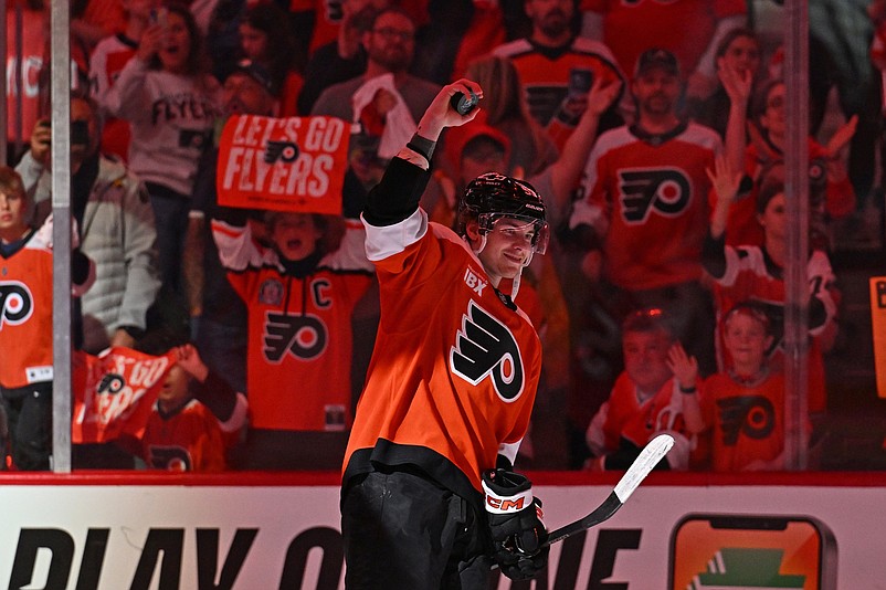 Apr 14, 2026; Philadelphia, Pennsylvania, USA; Philadelphia Flyers defenseman Oliver Bonk (59) acknowledges the crowd after being named second star of the game against the Montreal Canadiens at Xfinity Mobile Arena. Mandatory Credit: Eric Hartline-Imagn Images