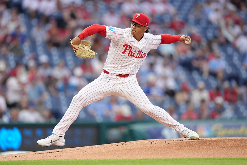 Apr 15, 2026; Philadelphia, Pennsylvania, USA; Philadelphia Phillies starting pitcher Jesus Luzardo (42) throws a pitch against the Chicago Cubs in the first inning at Citizens Bank Park. Mandatory Credit: Kyle Ross-Imagn Images