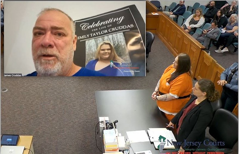 Sarah Errickson is sentenced in the killing of her half-sister Emily Cruddas. The victim's father, James Cruddas, spoke via Zoom, with his daughter's photo behind him.