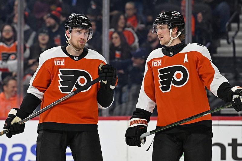 Mar 5, 2026; Philadelphia, Pennsylvania, USA; Philadelphia Flyers defenseman Rasmus Ristolainen (55) and defenseman Travis Sanheim (6) against the Utah Mammoth during the first period at Xfinity Mobile Arena. Mandatory Credit: Eric Hartline-Imagn Images