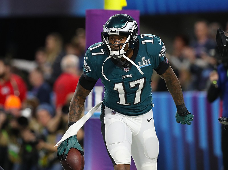 Feb 4, 2018; Minneapolis, MN, USA; Philadelphia Eagles receiver Alshon Jeffrey (17) celebrates his first quarter touchdown against New England Patriots cornerback Eric Rowe (25) in Super Bowl LII at U.S. Bank Stadium. Mandatory Credit: Matthew Emmons-USA TODAY Sports