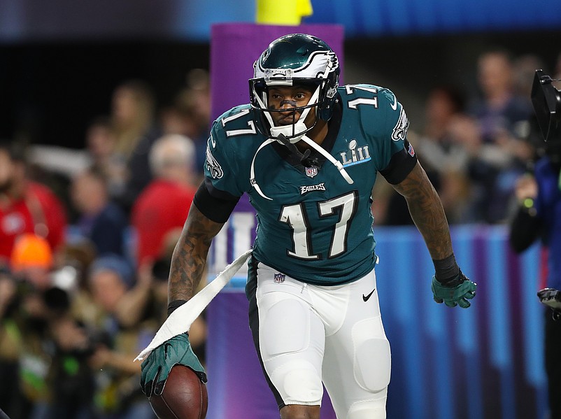 Feb 4, 2018; Minneapolis, MN, USA; Philadelphia Eagles receiver Alshon Jeffrey (17) celebrates his first quarter touchdown against New England Patriots cornerback Eric Rowe (25) in Super Bowl LII at U.S. Bank Stadium. Mandatory Credit: Matthew Emmons-USA TODAY Sports