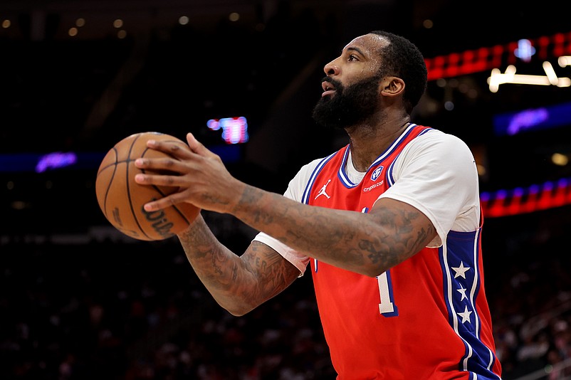 Apr 9, 2026; Houston, Texas, USA; Philadelphia 76ers forward Andre Drummond (1) shoots the ball against the Houston Rockets during the third quarter at Toyota Center. Mandatory Credit: Erik Williams-Imagn Images.