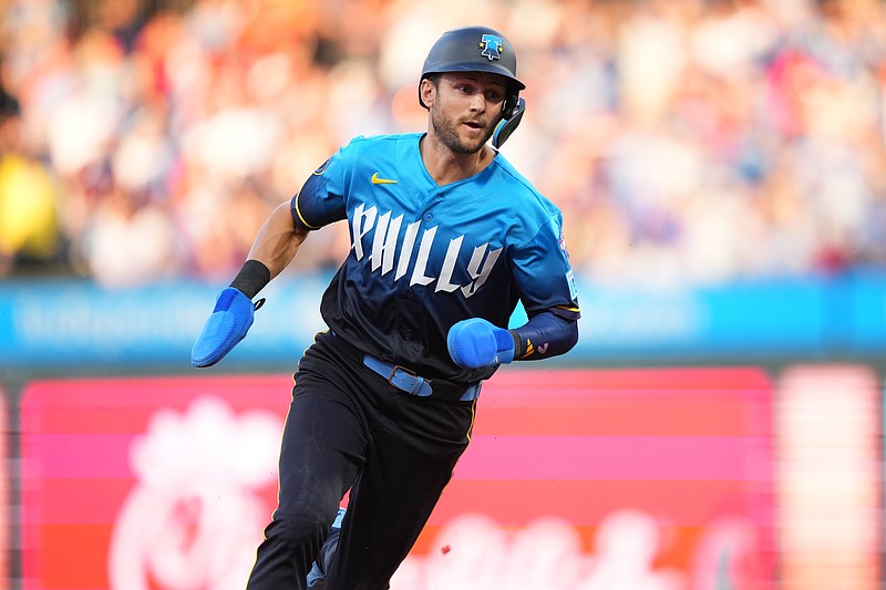 Apr 10, 2026; Philadelphia, Pennsylvania, USA; Philadelphia Phillies infielder Trea Turner (7) rounds third to advance home and score against the Arizona Diamondbacks in the first inning at Citizens Bank Park. Mandatory Credit: Kyle Ross-Imagn Images