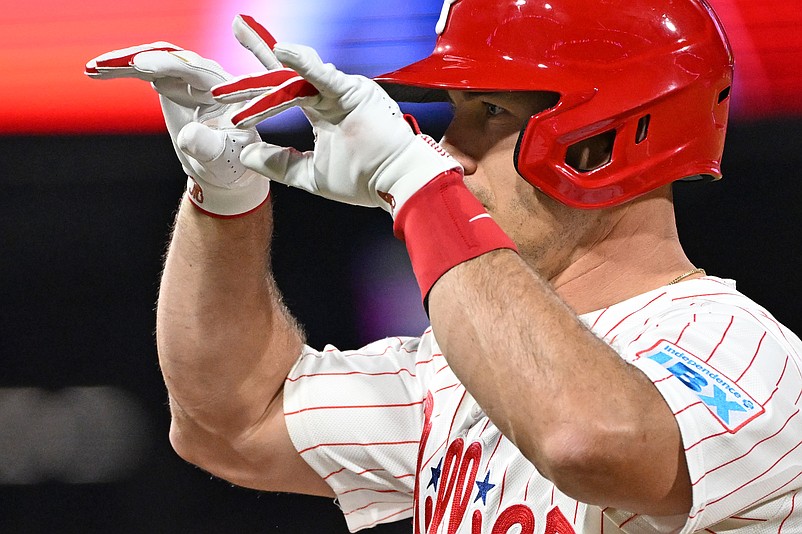 Apr 13, 2026; Philadelphia, Pennsylvania, USA; Philadelphia Phillies catcher J.T. Realmuto (10) celebrates his RBI single Chicago Cubs during the sixth inning at Citizens Bank Park. Mandatory Credit: Eric Hartline-Imagn Images