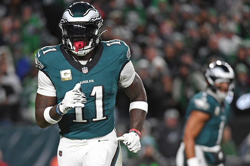 Nov 14, 2024; Philadelphia, Pennsylvania, USA; Philadelphia Eagles wide receiver A.J. Brown (11) against the Washington Commanders at Lincoln Financial Field. Mandatory Credit: Eric Hartline-Imagn Images