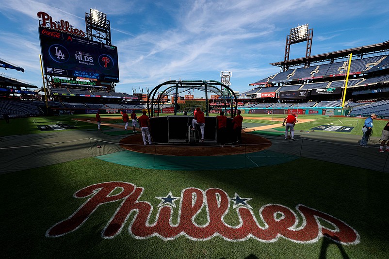 Oct 4, 2025; Philadelphia, Pennsylvania, USA; General view as the Philadelphia Phillies  take batting practice before game one of the NLDS round of the 2025 MLB playoffs against the Los Angeles Dodgers at Citizens Bank Park. Mandatory Credit: Bill Streicher-Imagn Images