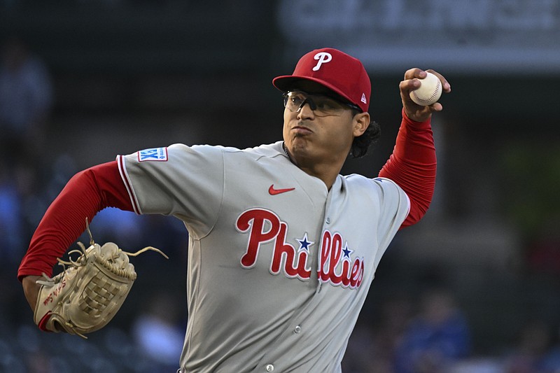 Apr 21, 2026; Chicago, Illinois, USA; Philadelphia Phillies pitcher Jesus Luzardo (44) throws during the first inning against the Chicago Cubs at Wrigley Field. Mandatory Credit: Matt Marton-Imagn Images