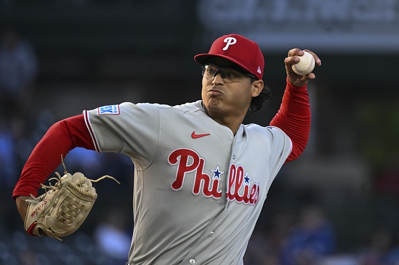 Apr 21, 2026; Chicago, Illinois, USA; Philadelphia Phillies pitcher Jesus Luzardo (44) throws during the first inning against the Chicago Cubs at Wrigley Field. Mandatory Credit: Matt Marton-Imagn Images