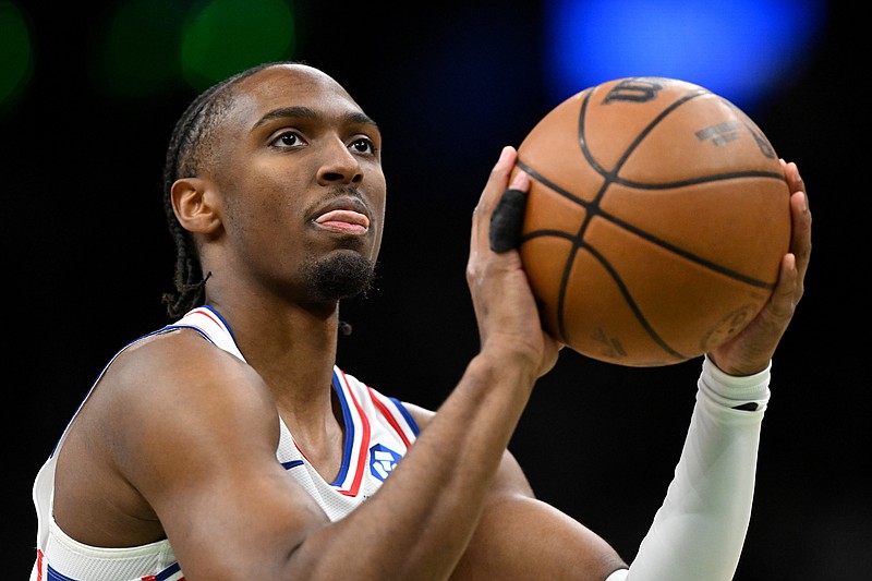 Apr 21, 2026; Boston, Massachusetts, USA; Philadelphia 76ers guard Tyrese Maxey (0) attempts a free-throw against the Boston Celtics in the first half of a game two of the first round of the 2026 NBA Playoffs at TD Garden. Mandatory Credit: Brian Fluharty-Imagn Images