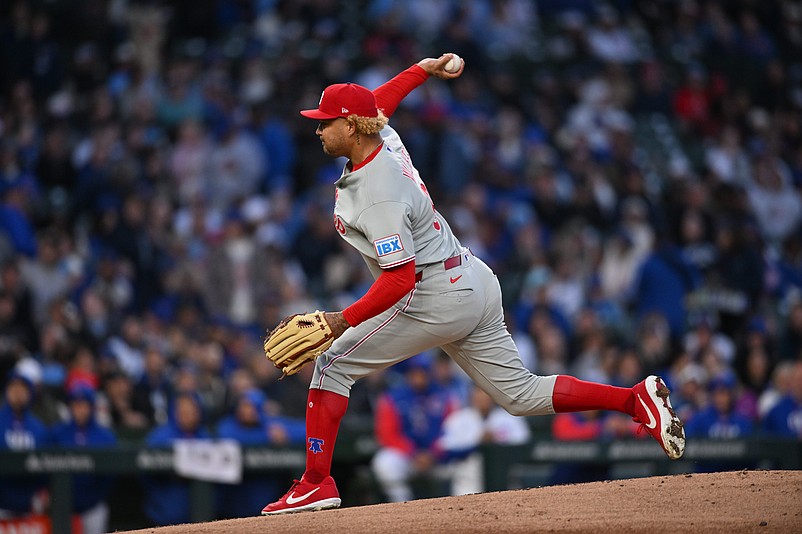 Apr 22, 2026; Chicago, Illinois, USA; Philadelphia Phillies pitcher Taijuan Walker (99) pitches against the Chicago Cubs during the second inning at Wrigley Field. Mandatory Credit: Patrick Gorski-Imagn Images