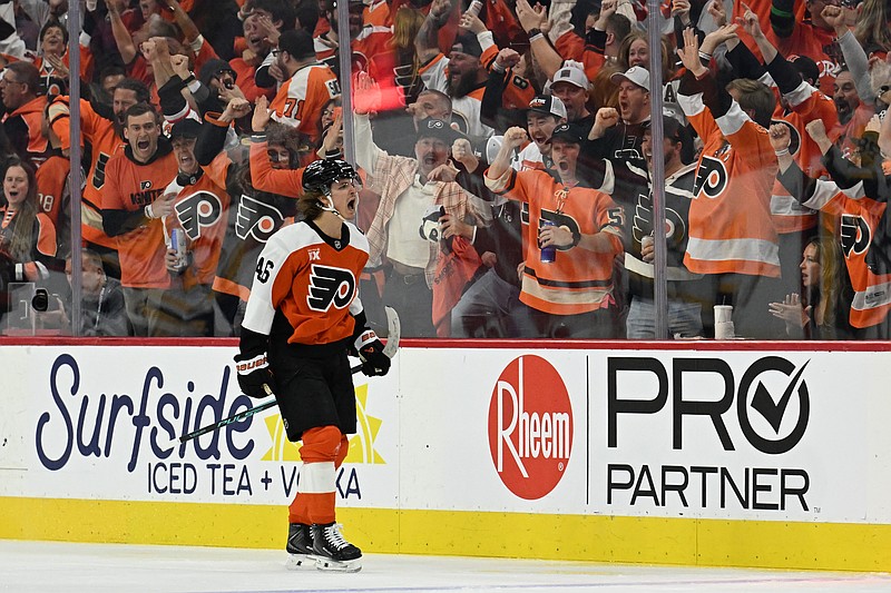 Apr 22, 2026; Philadelphia, Pennsylvania, USA; Philadelphia Flyers center Trevor Zegras (46) celebrates his goal against the Pittsburgh Penguins during the second period in game three of the first round of the 2026 Stanley Cup Playoffs at Xfinity Mobile Arena. Mandatory Credit: Eric Hartline-Imagn Images
