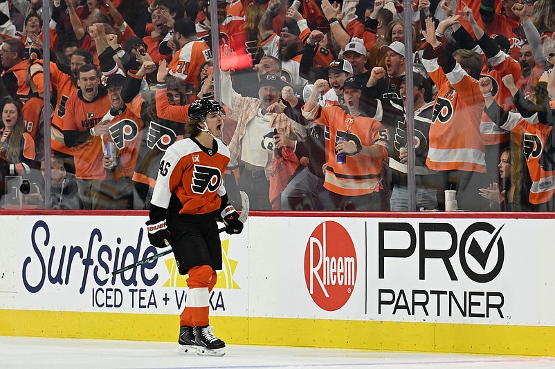 Apr 22, 2026; Philadelphia, Pennsylvania, USA; Philadelphia Flyers center Trevor Zegras (46) celebrates his goal against the Pittsburgh Penguins during the second period in game three of the first round of the 2026 Stanley Cup Playoffs at Xfinity Mobile Arena. Mandatory Credit: Eric Hartline-Imagn Images
