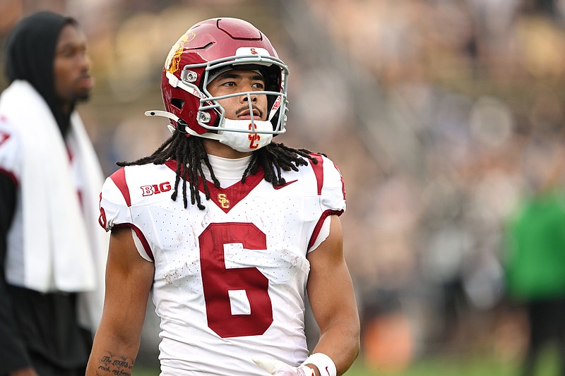 Sep 13, 2025; West Lafayette, Indiana, USA; Southern California Trojans wide receiver Makai Lemon (6) warms up before the game against the Purdue Boilermakers at Ross-Ade Stadium. Mandatory Credit: Marc Lebryk-Imagn Images