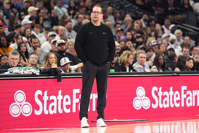 Apr 6, 2026; San Antonio, Texas, USA; Philadelphia 76ers head coach Nick Nurse observes the first half of play against the San Antonio Spurs at Frost Bank Center. Mandatory Credit: Scott Wachter-Imagn Images
