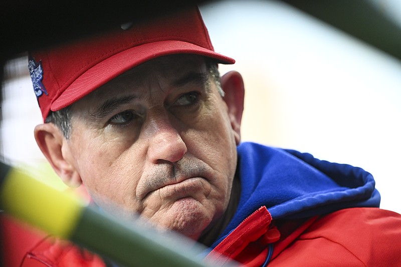 Apr 21, 2026; Chicago, Illinois, USA;  Philadelphia Phillies manager Rob Thomson (49) in the dugout before a game against the Chicago Cubs at Wrigley Field. Mandatory Credit: Matt Marton-Imagn Images
