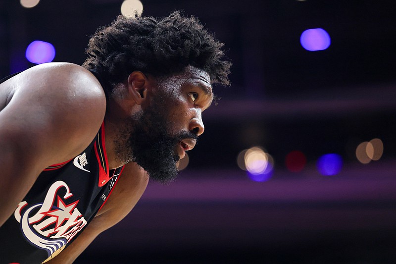 Feb 26, 2026; Philadelphia, Pennsylvania, USA; Philadelphia 76ers center Joel Embiid (21) looks on during the third quarter against the Miami Heat at Xfinity Mobile Arena. Mandatory Credit: Bill Streicher-Imagn Images