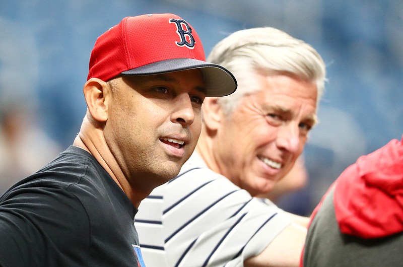 Jul 22, 2019; St. Petersburg, FL, USA; Boston Red Sox manager Alex Cora (20) and president of baseball operations Dave Dombrowski prior to the game against the Tampa Bay Rays at Tropicana Field. Mandatory Credit: Kim Klement-USA TODAY Sports