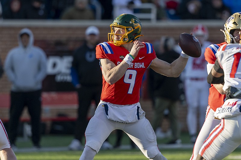 Jan 31, 2026; Mobile, AL, USA; National quarterback Cole Payton (9) of North Dakota State throws the ball during the second half of the 2026 Senior Bowl at University of South Alabama, Hancock Whitney Stadium. Mandatory Credit: Vasha Hunt-Imagn Images