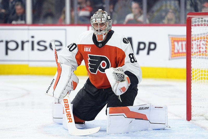 Apr 13, 2026; Philadelphia, Pennsylvania, USA; Philadelphia Flyers goalie Dan Vladar (80) in action against the Carolina Hurricanes in the second period at Xfinity Mobile Arena. Mandatory Credit: Kyle Ross-Imagn Images