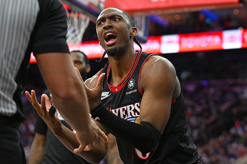 Apr 24, 2026; Philadelphia, Pennsylvania, USA; Philadelphia 76ers guard Tyrese Maxey (0) argues wth the official that he was fouled against the Boston Celtics during the second half at Xfinity Mobile Arena. Mandatory Credit: Eric Hartline-Imagn Images