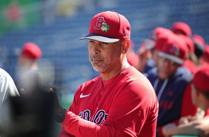 Mar 5, 2026; Clearwater, Florida, USA; Boston Red Sox manager Alex Cora has a discussion during Spring Training at BayCare Ballpark. (Grace Del Pizzo/On Pattison)