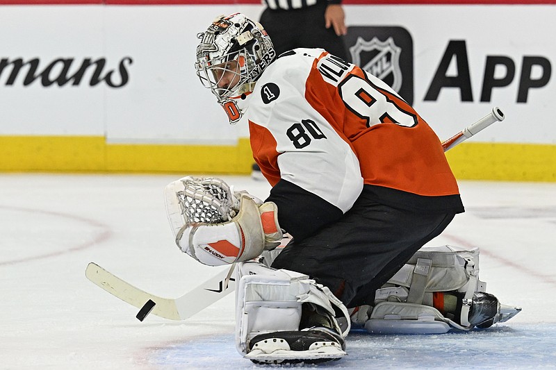 Apr 25, 2026; Philadelphia, Pennsylvania, USA; Philadelphia Flyers goaltender Dan Vladar (80) makes a save against the Pittsburgh Penguins during the second period in game four of the first round of the 2026 Stanley Cup Playoffs at Xfinity Mobile Arena. Mandatory Credit: Eric Hartline-Imagn Images