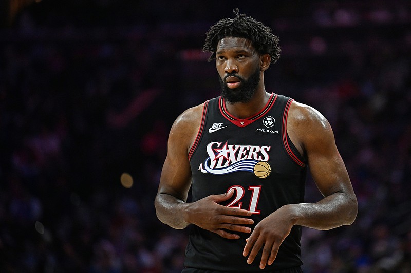 Apr 26, 2026; Philadelphia, Pennsylvania, USA; Philadelphia 76ers center Joel Embiid (21) against the Boston Celtics during the second half at Xfinity Mobile Arena. Mandatory Credit: Eric Hartline-Imagn Images