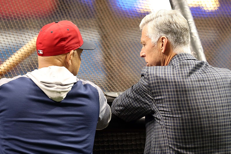 May 24, 2018; St. Petersburg, FL, USA; Boston Red Sox president of baseball operations Dave Dombrowski manager Alex Cora (20) talk prior to the game against the Tampa Bay Rays at Tropicana Field. Mandatory Credit: Kim Klement-USA TODAY Sports