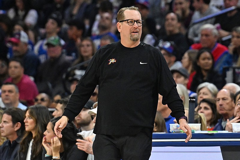 Apr 24, 2026; Philadelphia, Pennsylvania, USA; Philadelphia 76ers head coach Nick Nurse against the Boston Celtics during the first half at Xfinity Mobile Arena. Mandatory Credit: Eric Hartline-Imagn Images
