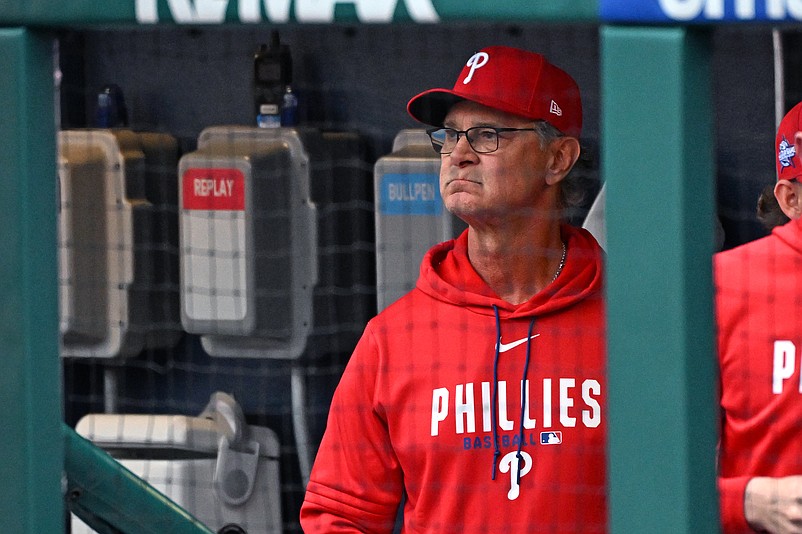 Apr 28, 2026; Philadelphia, Pennsylvania, USA; Philadelphia Phillies interim manager Don Mattingly (8) in the dugout before start of game against the San Francisco Giants at Citizens Bank Park. Mandatory Credit: Eric Hartline-Imagn Images