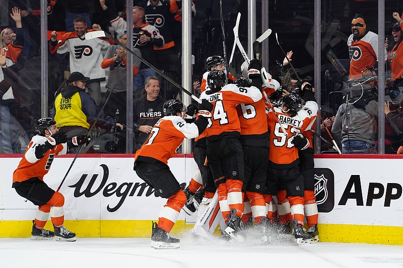 Apr 29, 2026; Philadelphia, Pennsylvania, USA; The Philadelphia Flyers celebrate after game six of the first round of the 2026 Stanley Cup Playoffs against the Pittsburgh Penguins at Xfinity Mobile Arena. Mandatory Credit: Kyle Ross-Imagn Images