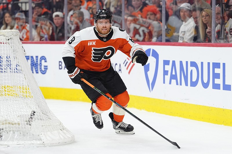 Apr 29, 2026; Philadelphia, Pennsylvania, USA; Philadelphia Flyers defenseman Cam York (8) in action against the Pittsburgh Penguins in the second period in game six of the first round of the 2026 Stanley Cup Playoffs at Xfinity Mobile Arena. Mandatory Credit: Kyle Ross-Imagn Images