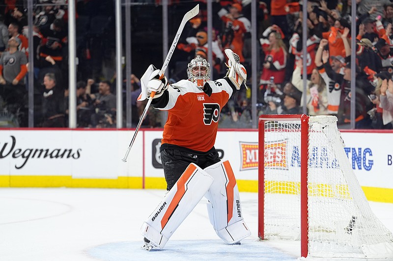 Apr 29, 2026; Philadelphia, Pennsylvania, USA; Philadelphia Flyers goalie Dan Vladar (80) reacts against the Pittsburgh Penguins in overtime in game six of the first round of the 2026 Stanley Cup Playoffs at Xfinity Mobile Arena. Mandatory Credit: Kyle Ross-Imagn Images