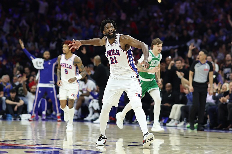Apr 30, 2026; Philadelphia, Pennsylvania, USA; Philadelphia 76ers center Joel Embiid (21) reacts after his three pointer against the Boston Celtics during the second quarter at Xfinity Mobile Arena. Mandatory Credit: Bill Streicher-Imagn Images