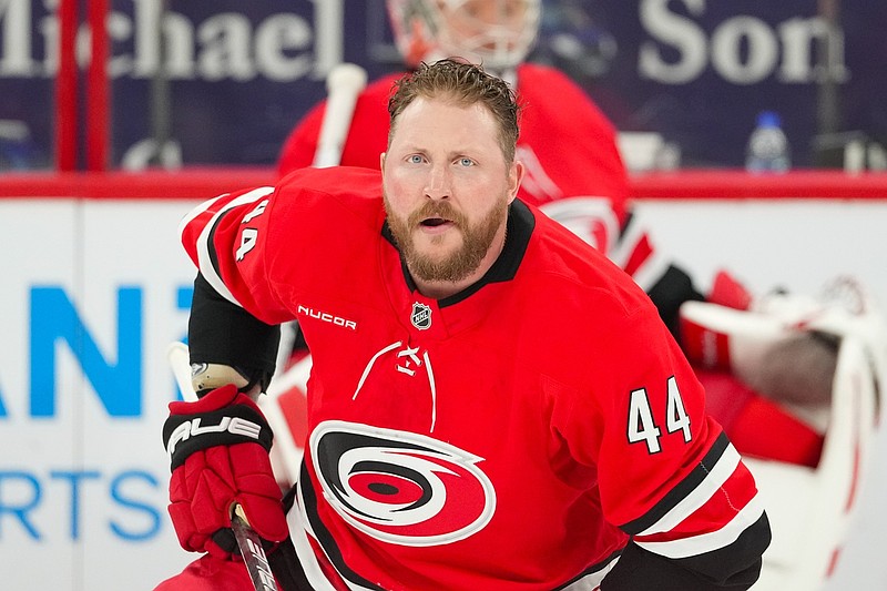 Mar 12, 2026; Raleigh, North Carolina, USA;  Carolina Hurricanes left wing Nicolas Deslauriers (44) looks on against the St. Louis Blues during the warmups before the game against the St. Louis Blues at Lenovo Center. Mandatory Credit: James Guillory-Imagn Images