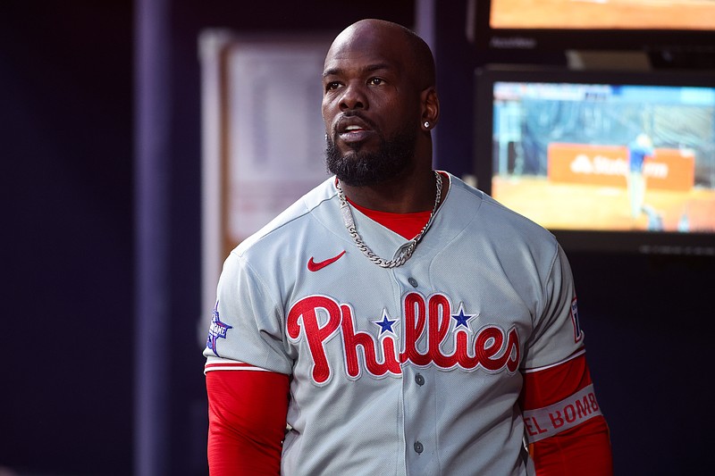 Apr 25, 2026; Atlanta, Georgia, USA; Philadelphia Phillies right fielder Adolis Garcia (53) in the dugout before a game against the Atlanta Braves at Truist Park. Mandatory Credit: Brett Davis-Imagn Images