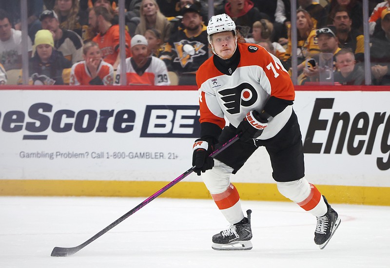 Apr 27, 2026; Pittsburgh, Pennsylvania, USA;  Philadelphia Flyers right wing Owen Tippett (74) handles the puck against  the Pittsburgh Penguins during the second period in game five of the first round of the 2026 Stanley Cup Playoffs at PPG Paints Arena. Mandatory Credit: Charles LeClaire-Imagn Images