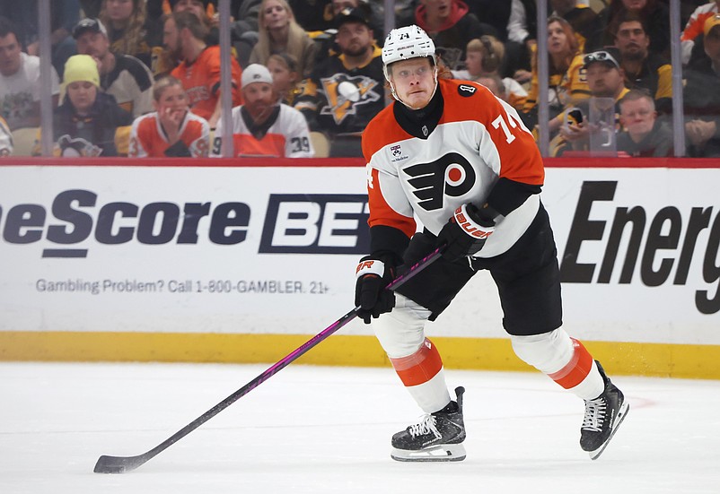 Apr 27, 2026; Pittsburgh, Pennsylvania, USA;  Philadelphia Flyers right wing Owen Tippett (74) handles the puck against  the Pittsburgh Penguins during the second period in game five of the first round of the 2026 Stanley Cup Playoffs at PPG Paints Arena. Mandatory Credit: Charles LeClaire-Imagn Images
