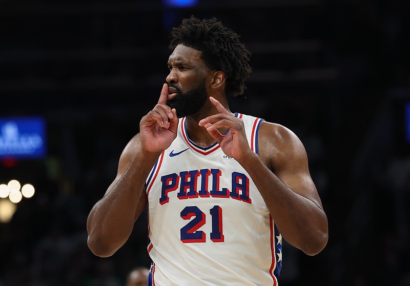 May 2, 2026; Boston, Massachusetts, USA; Philadelphia 76ers center Joel Embiid (21) silences the crowd after making a shot against the Boston Celtics during the second quarter of game seven of the first round of the 2026 NBA Playoffs at TD Garden. Mandatory Credit: Winslow Townson-Imagn Images