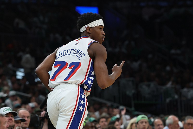 May 2, 2026; Boston, Massachusetts, USA; Philadelphia 76ers guard Vj Edgecombe (77) heads back down court after making a three point basket against the Boston Celtics during the first quarter of game seven of the first round of the 2026 NBA Playoffs at TD Garden. Mandatory Credit: Winslow Townson-Imagn Images